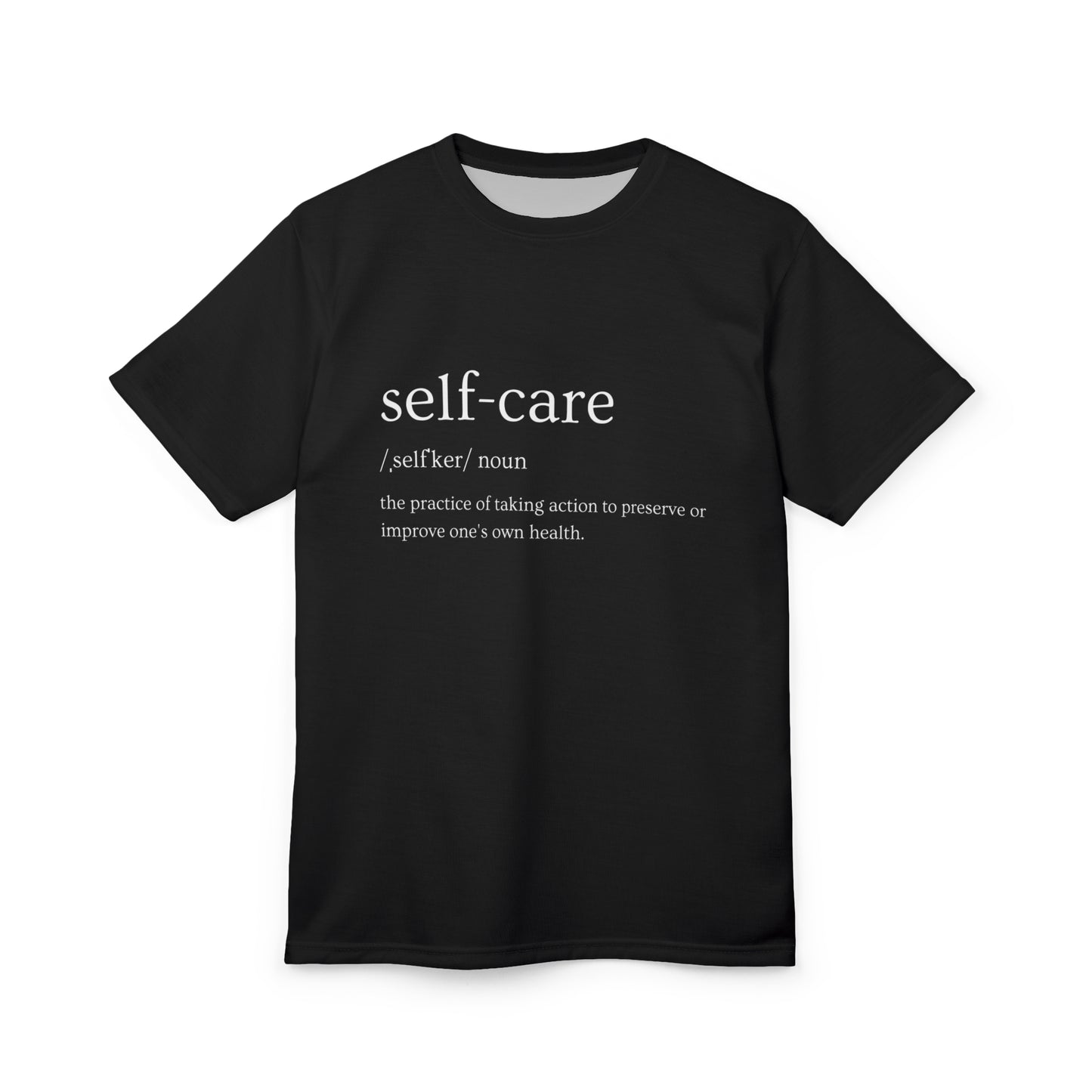 Self-Care Unisex Tee, AOP Graphic Shirt, Inspirational Gift, Relaxation Apparel, Wellness Clothing, Mindfulness Top