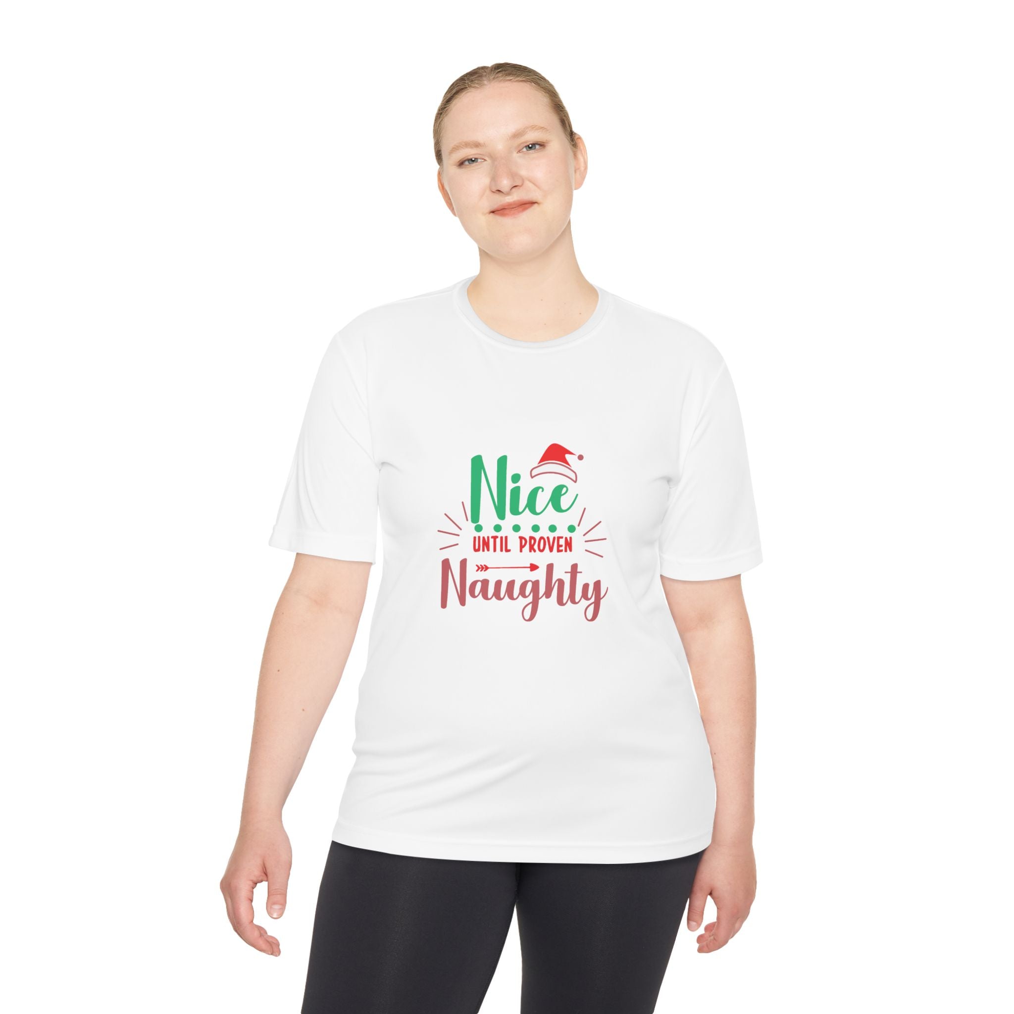 Holiday Fun Unisex Moisture Wicking Tee, Christmas Shirt, Funny Graphic Tee, Gift for Him/Her, Nice Until Proven Naughty