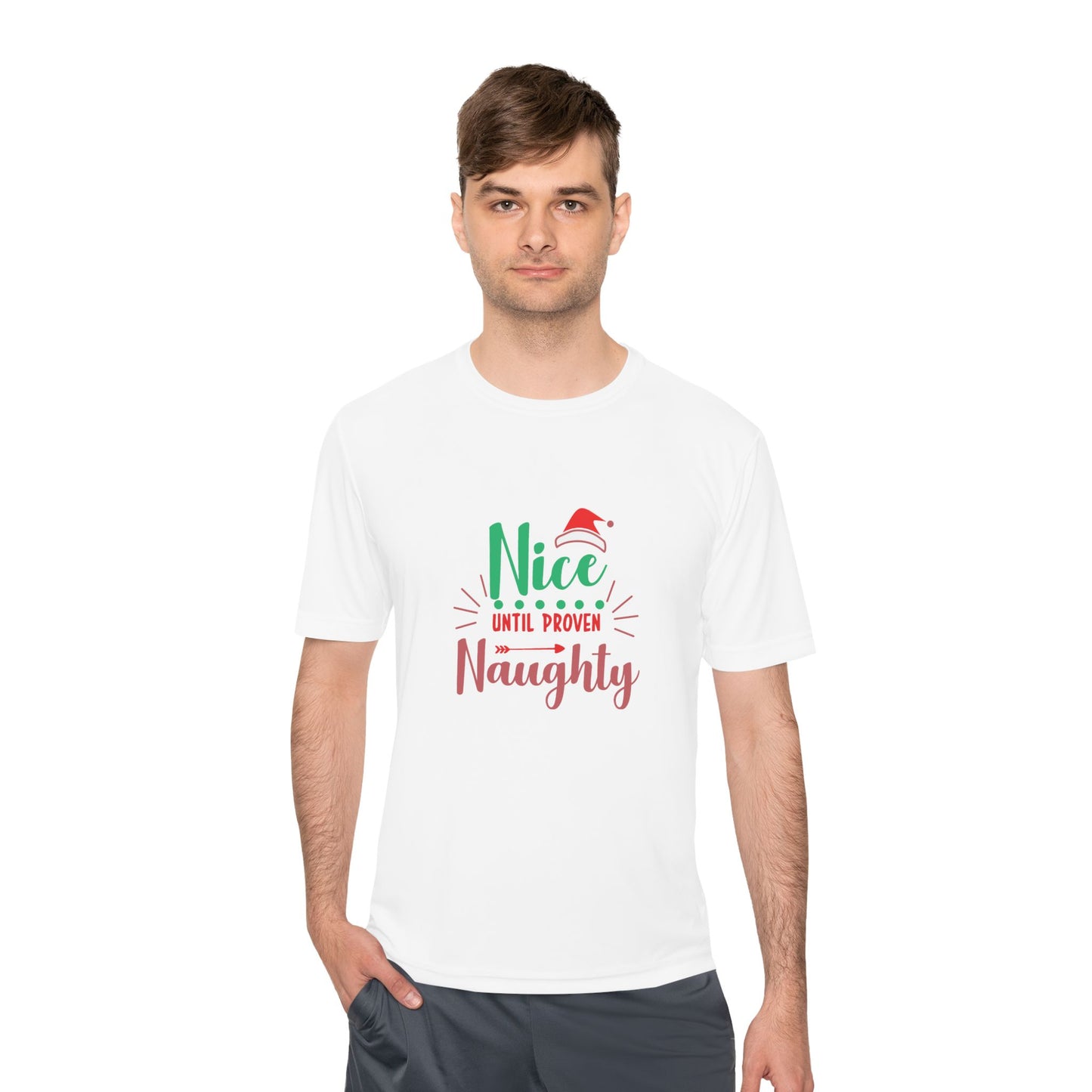 Holiday Fun Unisex Moisture Wicking Tee, Christmas Shirt, Funny Graphic Tee, Gift for Him/Her, Nice Until Proven Naughty