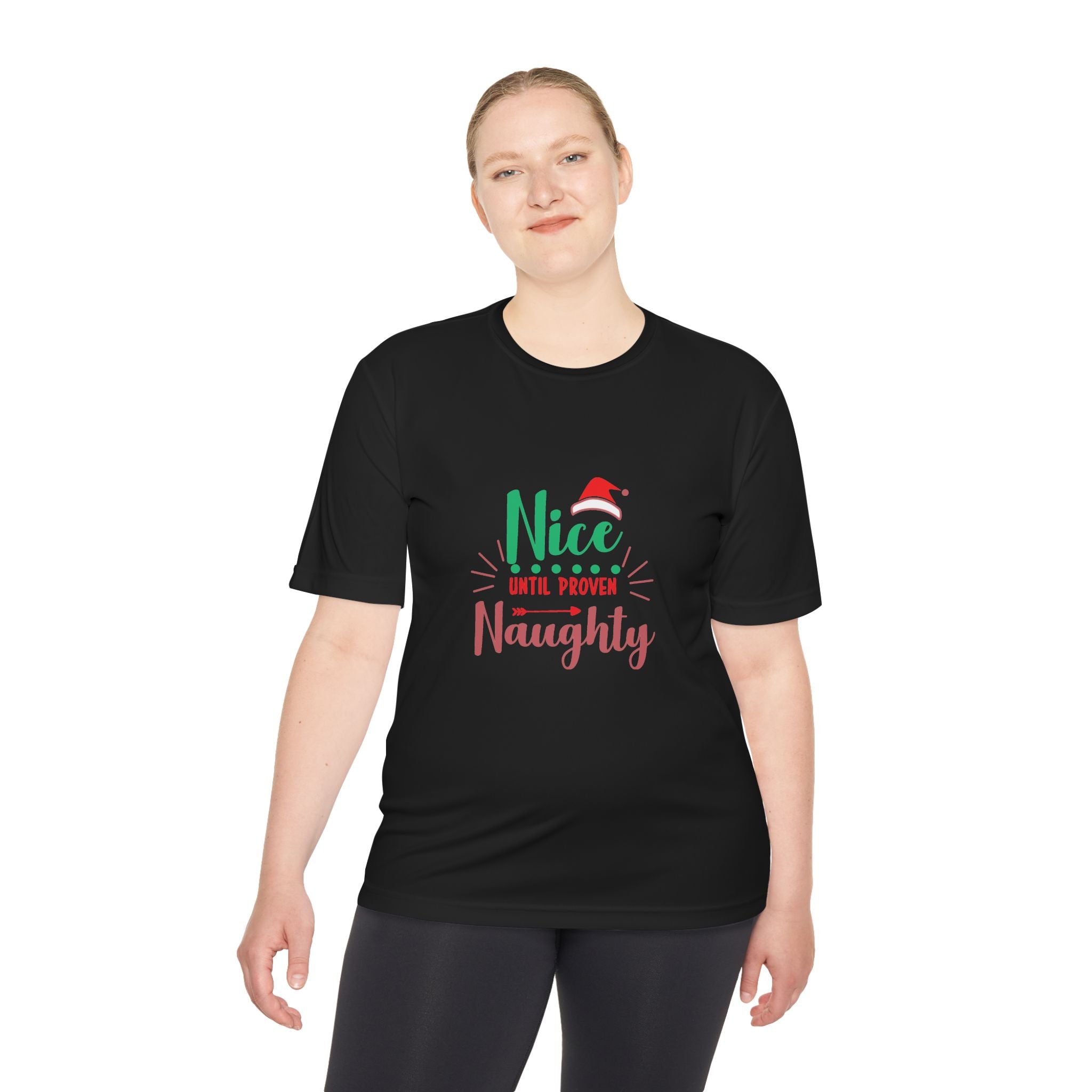 Holiday Fun Unisex Moisture Wicking Tee, Christmas Shirt, Funny Graphic Tee, Gift for Him/Her, Nice Until Proven Naughty