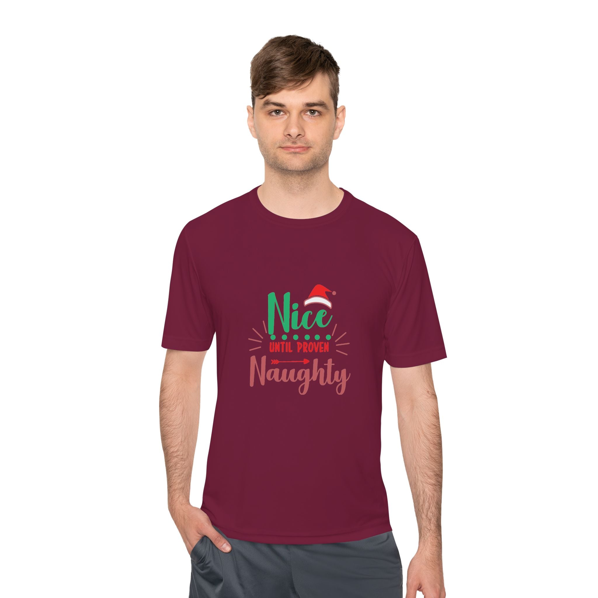 Holiday Fun Unisex Moisture Wicking Tee, Christmas Shirt, Funny Graphic Tee, Gift for Him/Her, Nice Until Proven Naughty