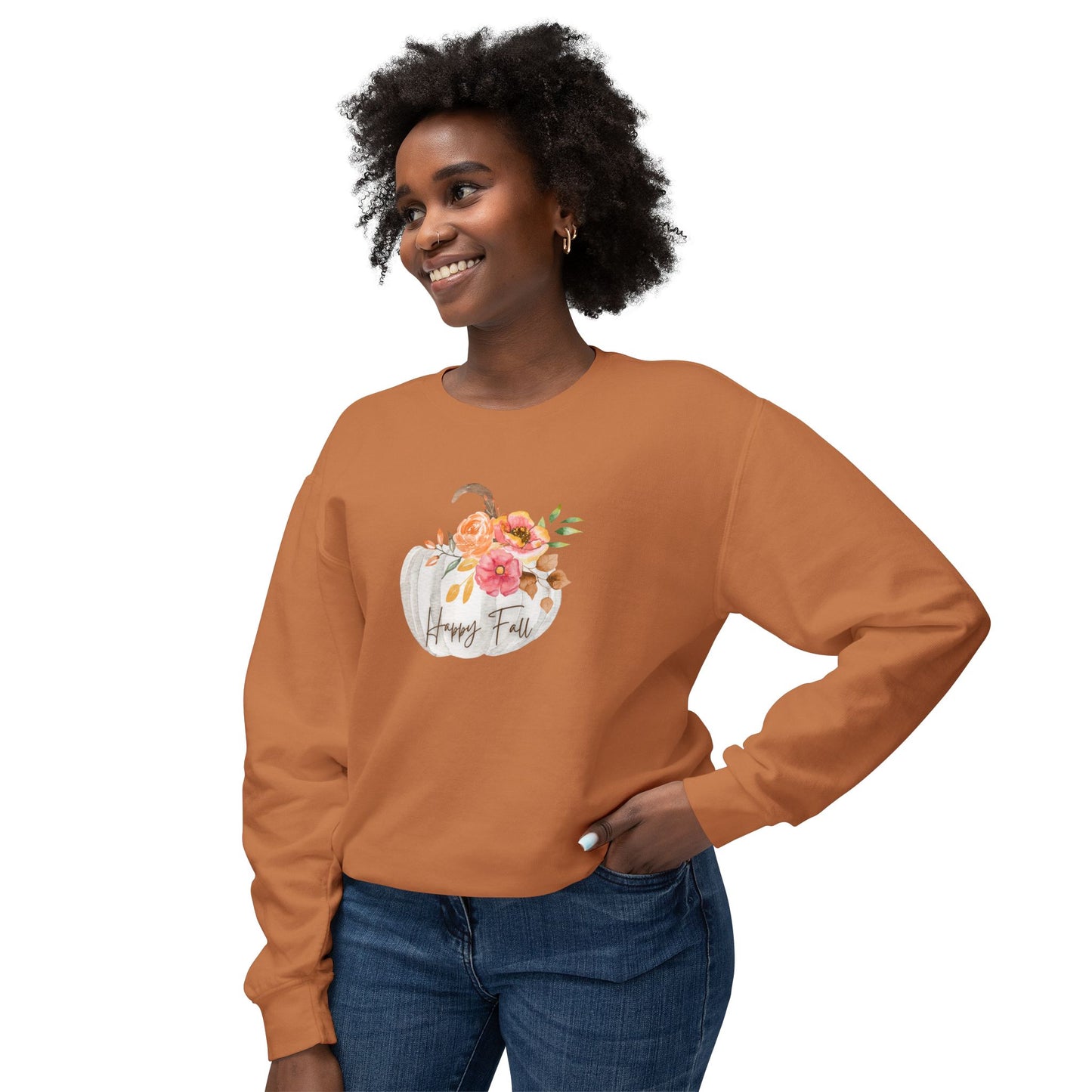 Happy Fall Pumpkin Sweatshirt, Cozy Autumn Apparel, Lightweight Fall Crewneck, Gifts for Her, Halloween and Thanksgiving Fashion