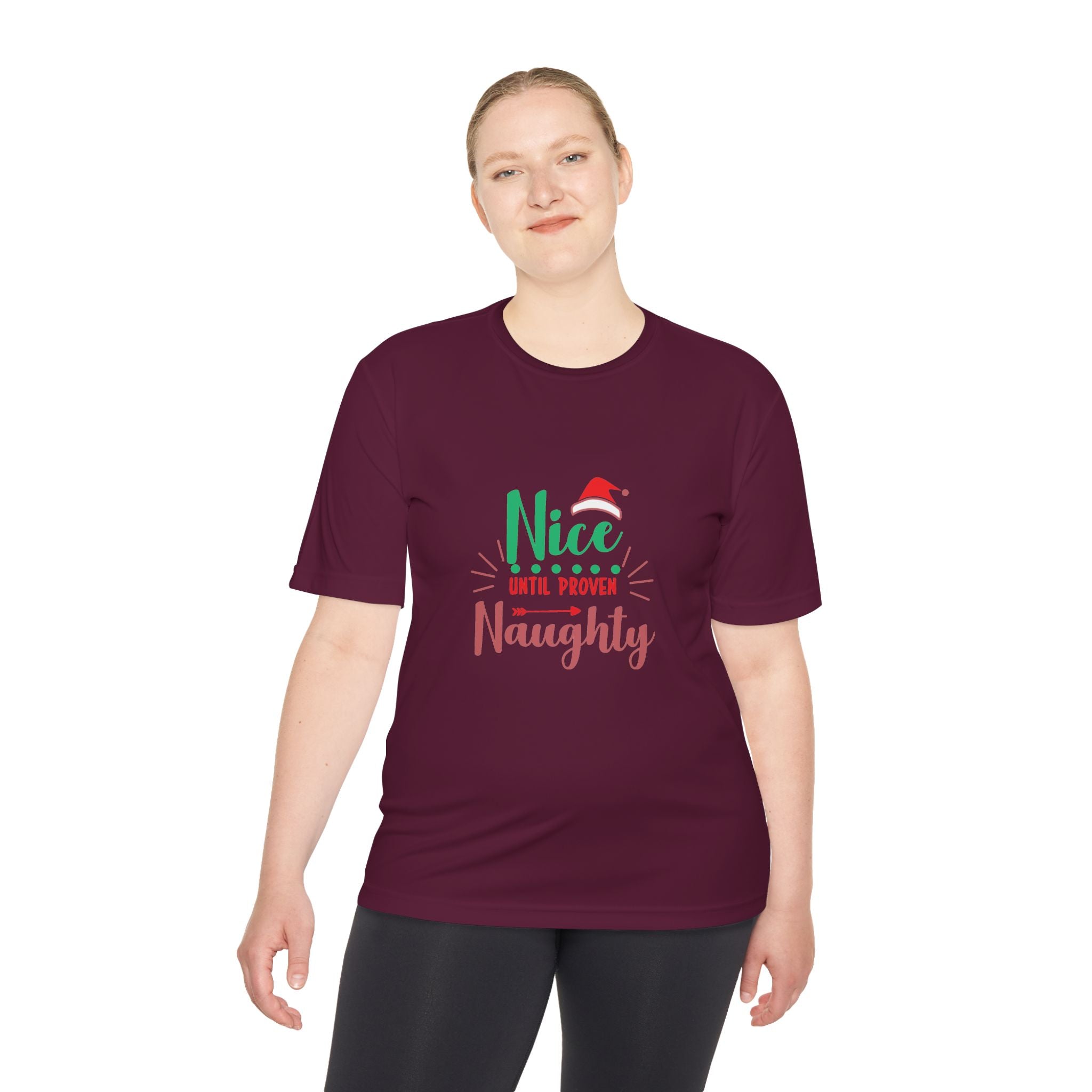 Holiday Fun Unisex Moisture Wicking Tee, Christmas Shirt, Funny Graphic Tee, Gift for Him/Her, Nice Until Proven Naughty