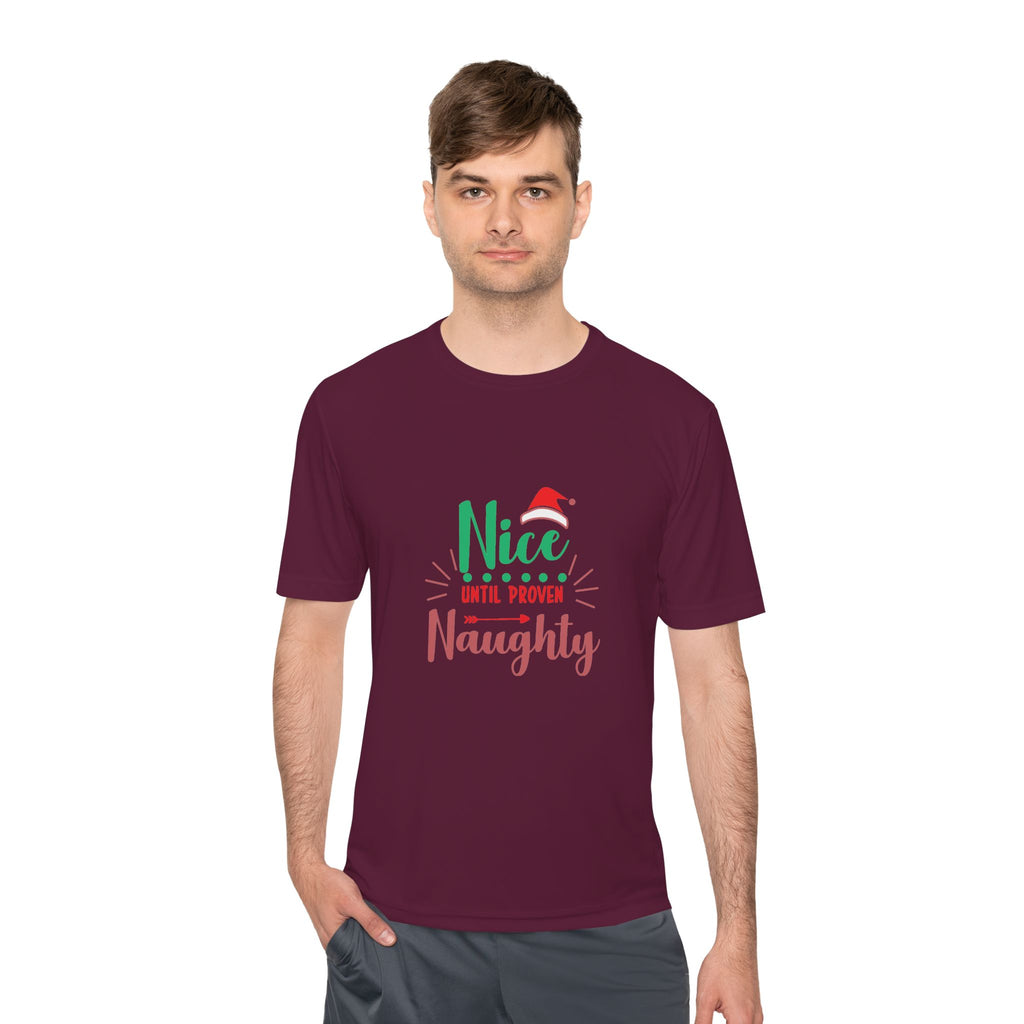 Holiday Fun Unisex Moisture Wicking Tee, Christmas Shirt, Funny Graphic Tee, Gift for Him/Her, Nice Until Proven Naughty