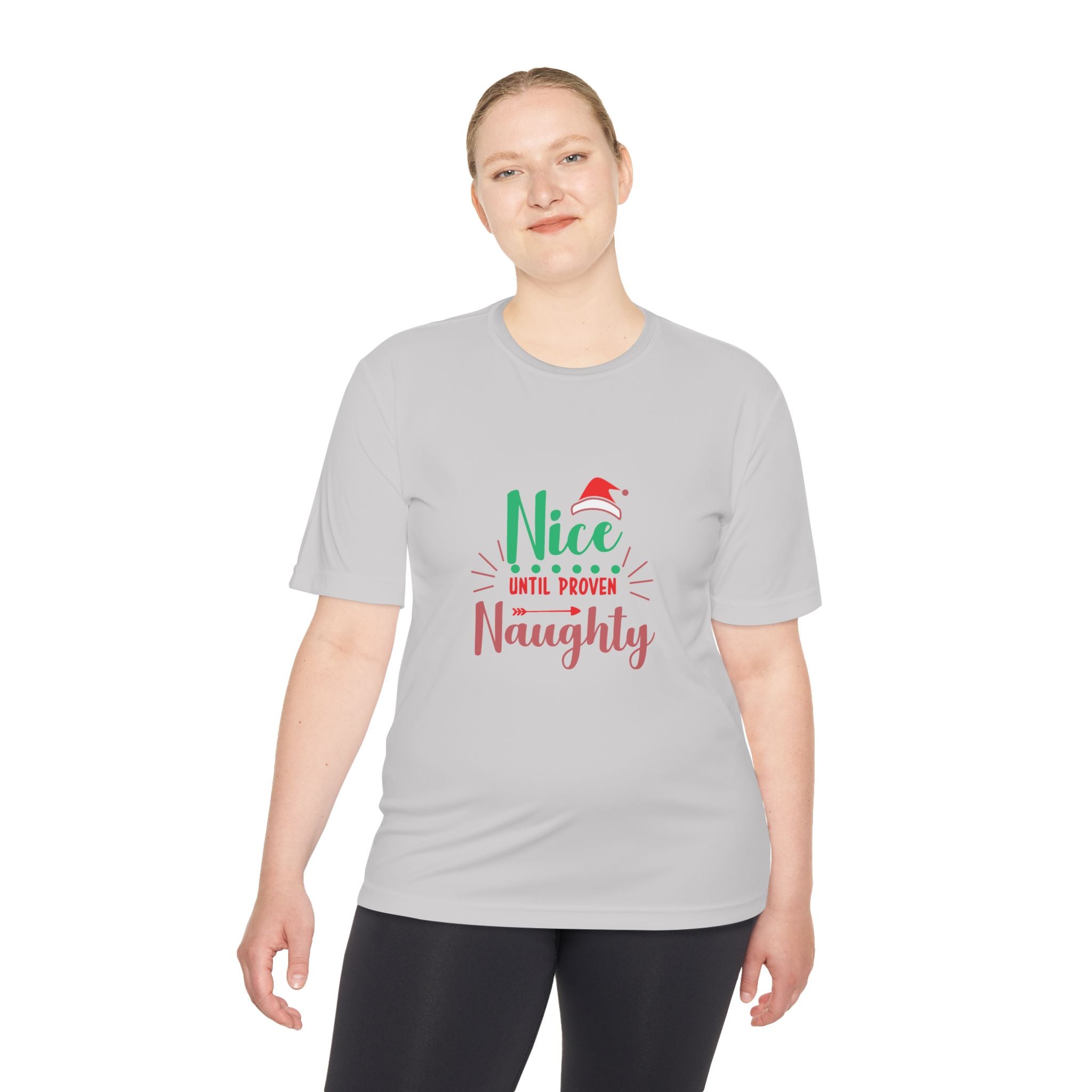 Holiday Fun Unisex Moisture Wicking Tee, Christmas Shirt, Funny Graphic Tee, Gift for Him/Her, Nice Until Proven Naughty