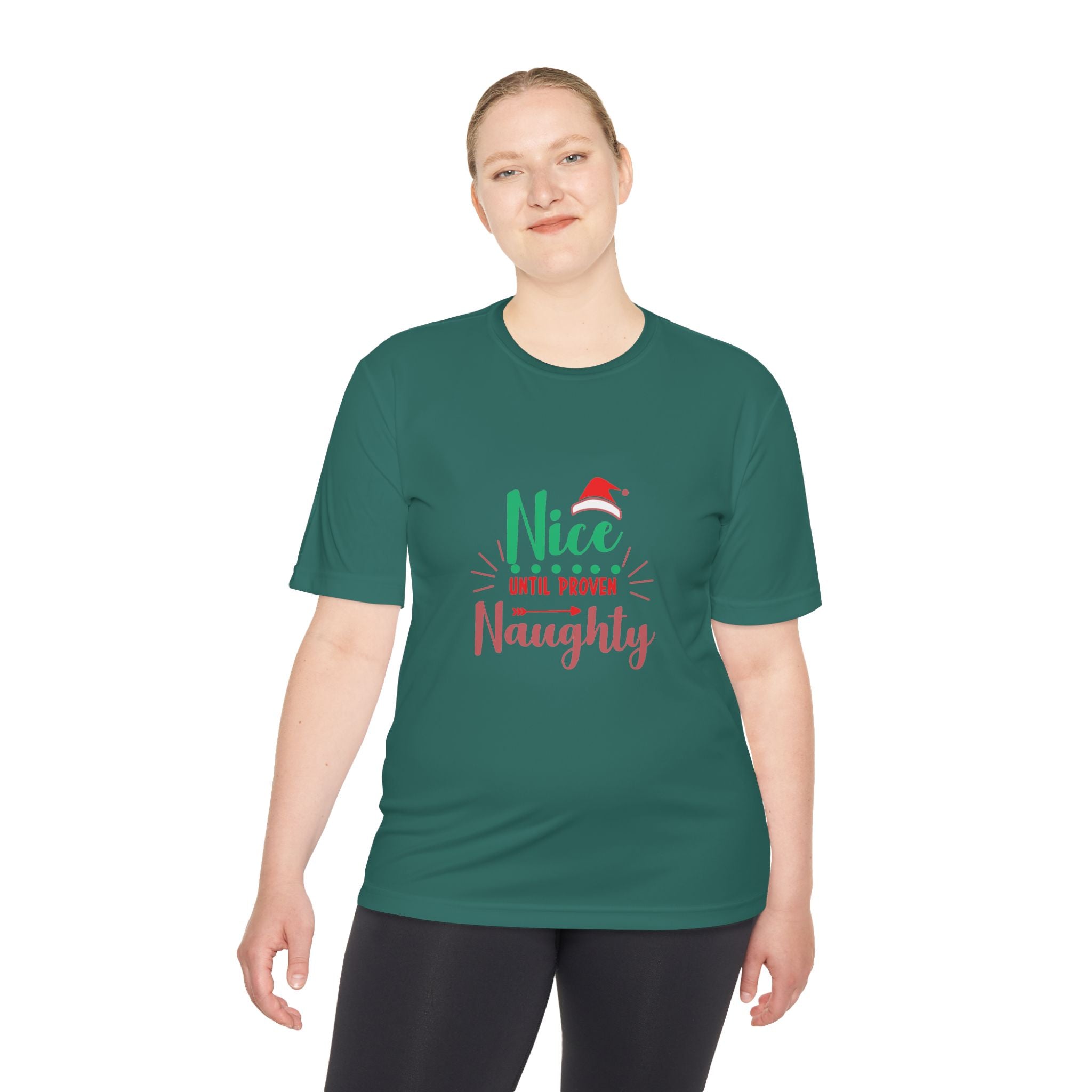 Holiday Fun Unisex Moisture Wicking Tee, Christmas Shirt, Funny Graphic Tee, Gift for Him/Her, Nice Until Proven Naughty