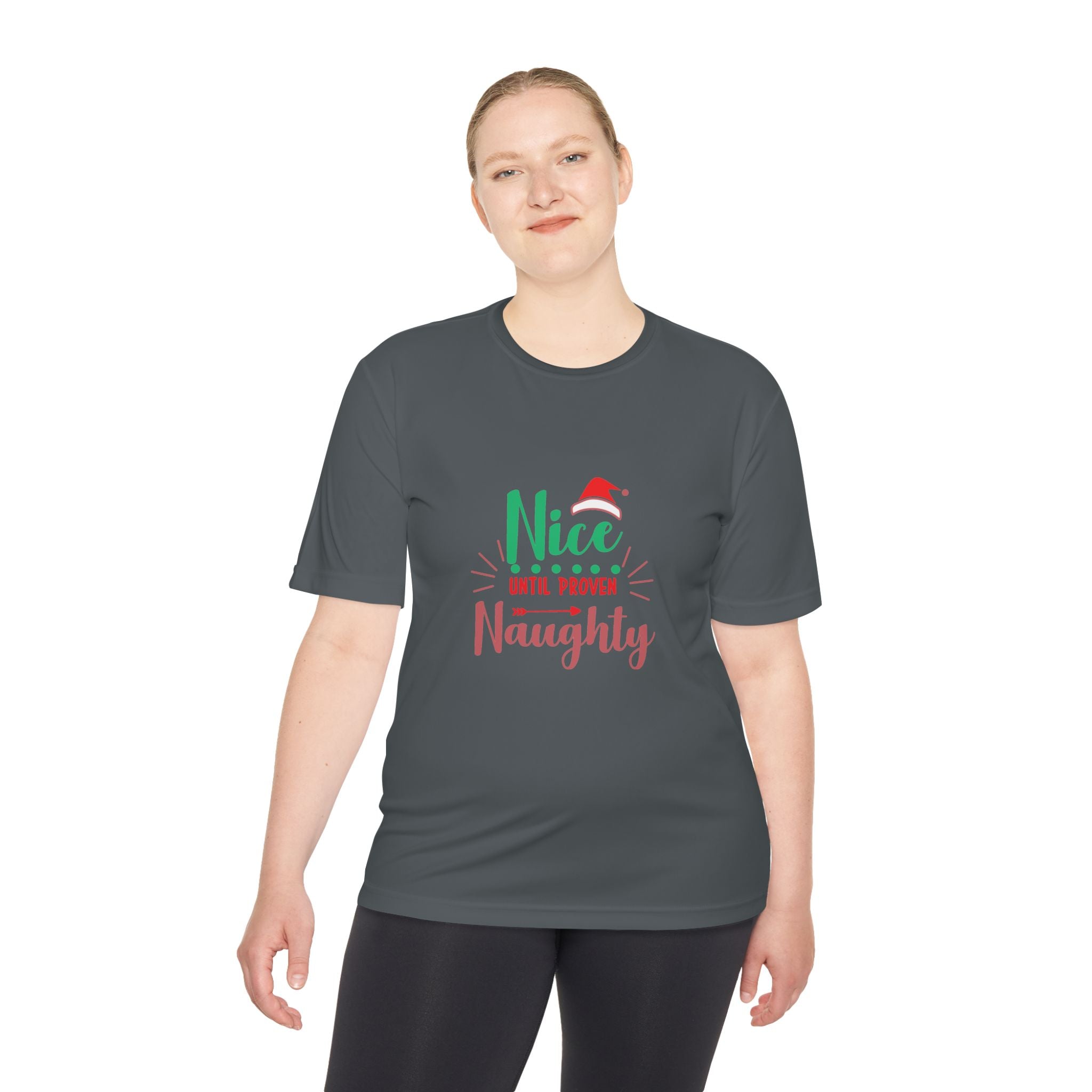 Holiday Fun Unisex Moisture Wicking Tee, Christmas Shirt, Funny Graphic Tee, Gift for Him/Her, Nice Until Proven Naughty
