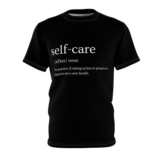 Self-Care Unisex Tee, AOP Graphic Shirt, Inspirational Gift, Relaxation Apparel, Wellness Clothing, Mindfulness Top