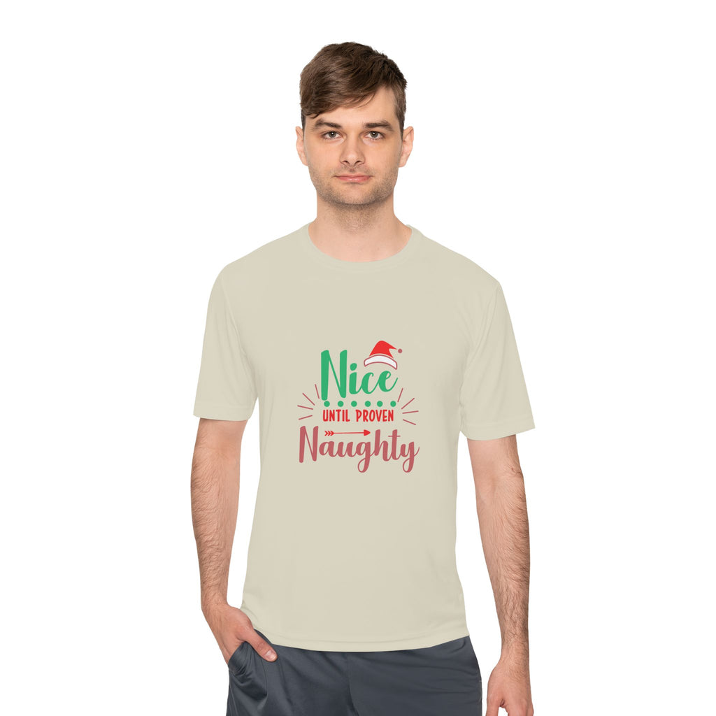 Holiday Fun Unisex Moisture Wicking Tee, Christmas Shirt, Funny Graphic Tee, Gift for Him/Her, Nice Until Proven Naughty